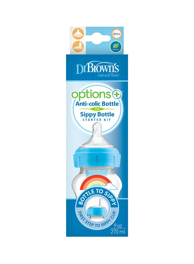 Dr. Brown’s PP Wide-Neck Options And Pink Hearts Bottle With Sippy Spout And Level 3 Nipple in Bottle, 1-Pack of 1, 9 oz/270 ml - Blue