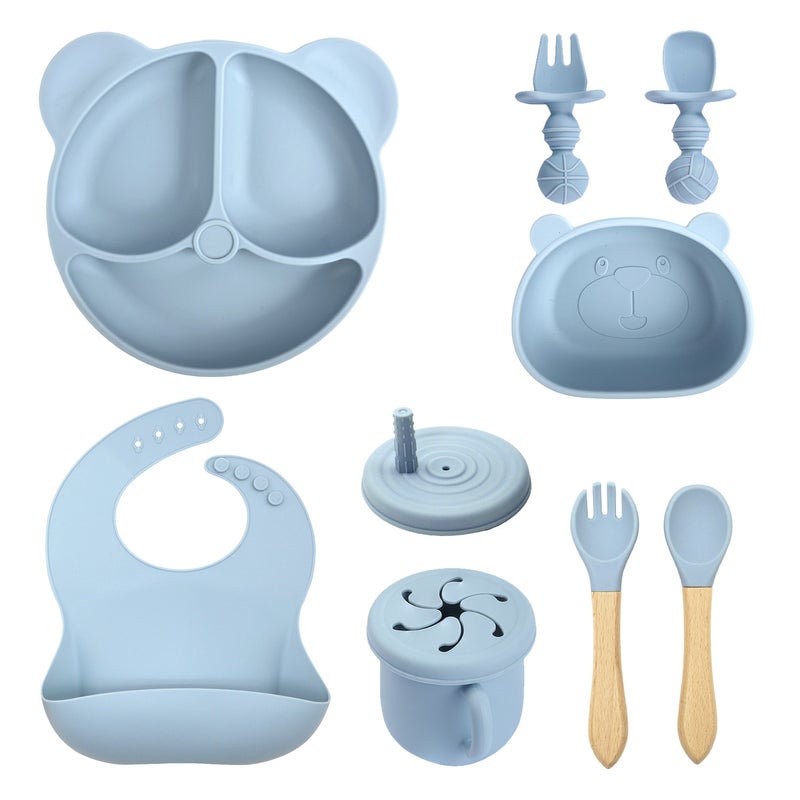 Silicone Baby Dining Set Soft Bib Bowl Spoon10 pieces of gray blue-bear plate bear head bowl 2 in 1 cup bib wooden fork spoon short fork spoon 10 pieces of gray blue-bear plate bear head bowl 2 in 1 cup bib wooden fork spoon short fork spoon