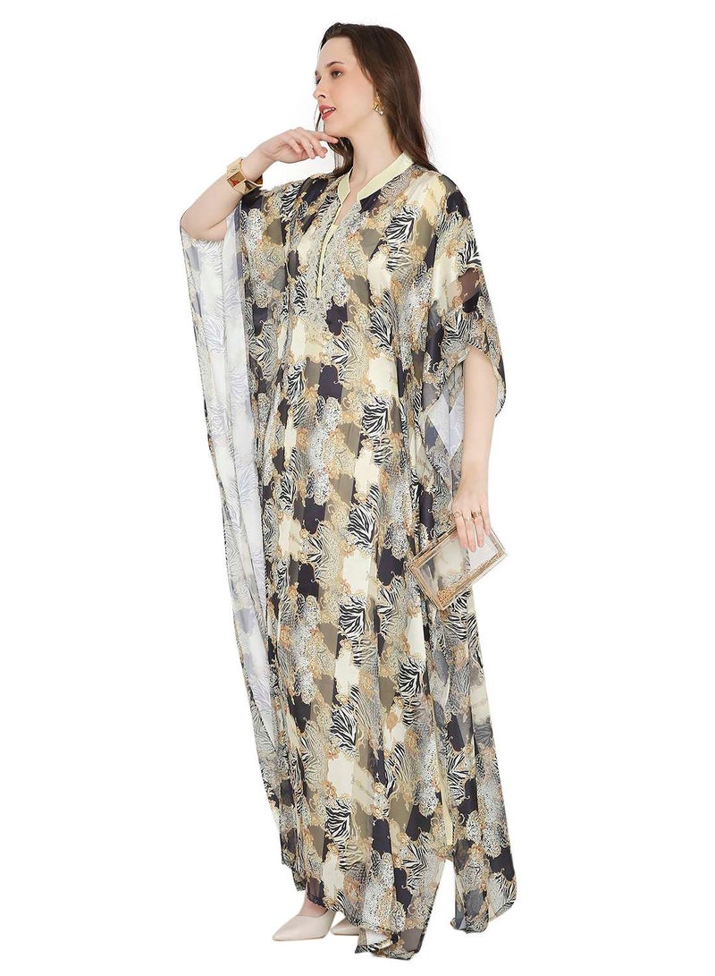 هانا آند سارا جلابية كفتان عربية مطرزة بالخرز بطبعة ملونة وياقة قميص - Image 4