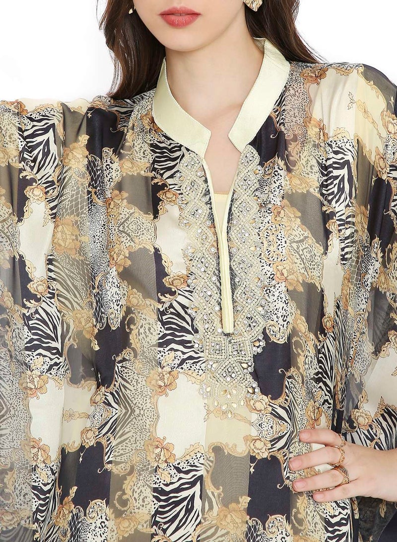 هانا آند سارا جلابية كفتان عربية مطرزة بالخرز بطبعة ملونة وياقة قميص - Image 3