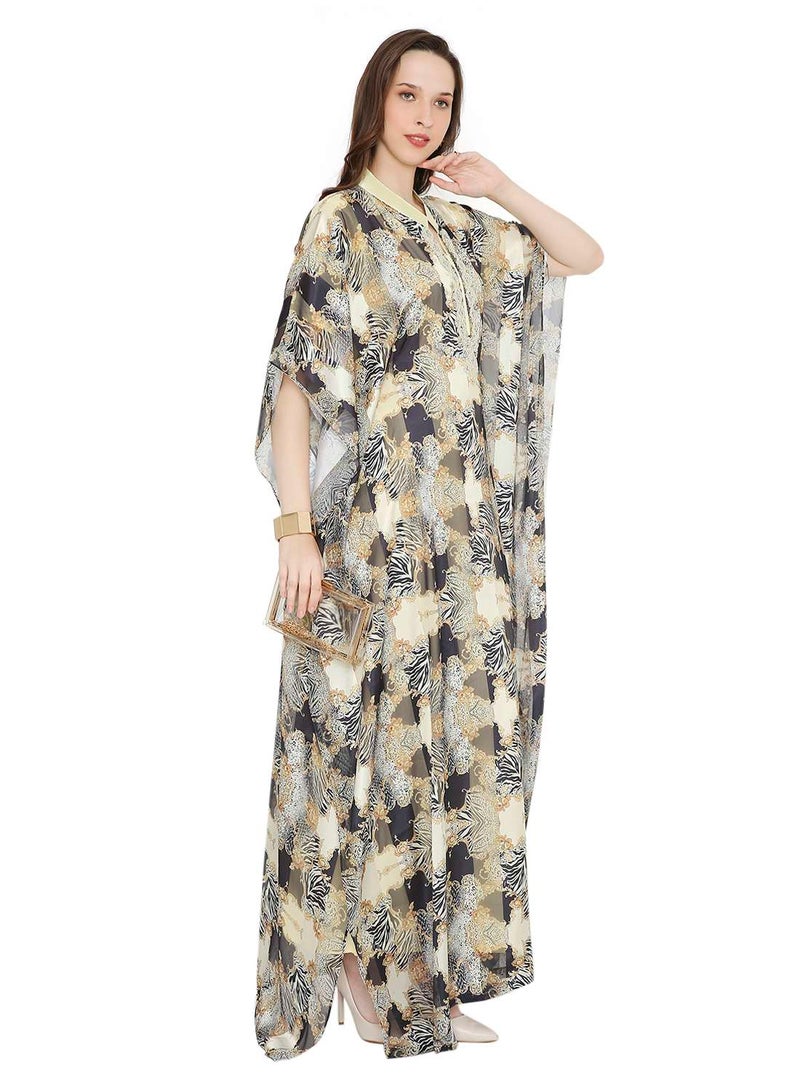 هانا آند سارا جلابية كفتان عربية مطرزة بالخرز بطبعة ملونة وياقة قميص - Image 5