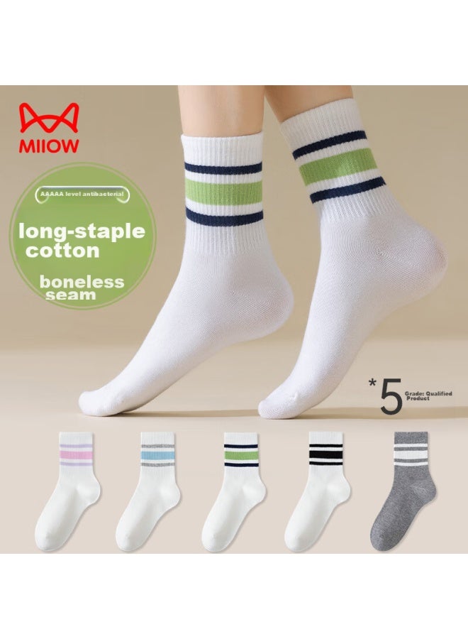 MIIOW MIIOW 5 Pairs Of Women's Socks, Trendy Striped Mid-calf Socks, Summer Sports Long Socks, Seamless Socks To Match Shark Pants  - Image 3