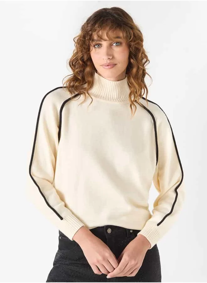 Iconic Iconic Solid High Neck Sweater with Long Sleeves and Piping Detail
