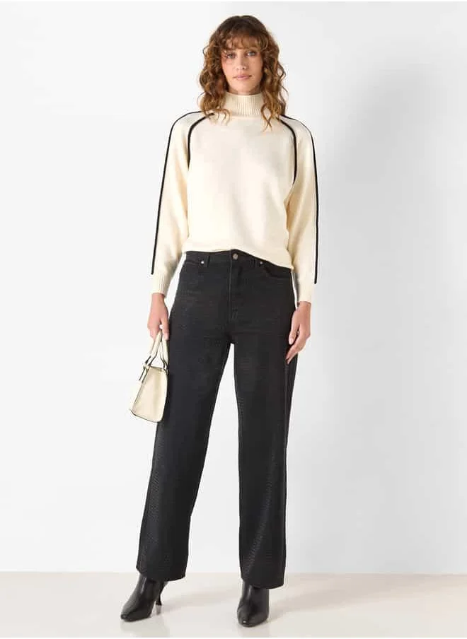 Iconic Iconic Solid High Neck Sweater with Long Sleeves and Piping Detail