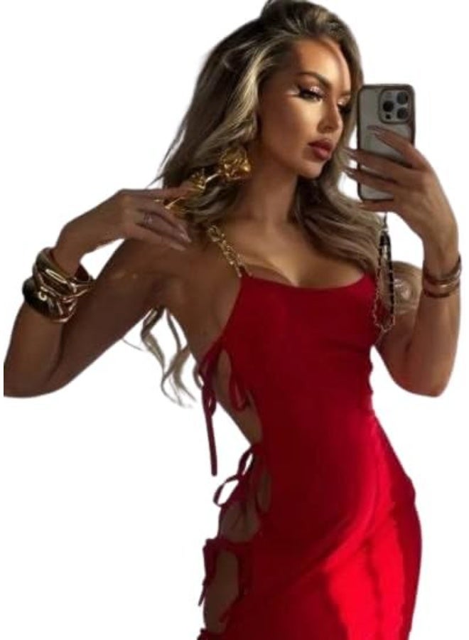 Hanady Women's Long Red Dress with Side Slits Decorated with Ties and Gold Metal Shoulder Strap Tight Fit Design One Size Hn 1102 - Image 1