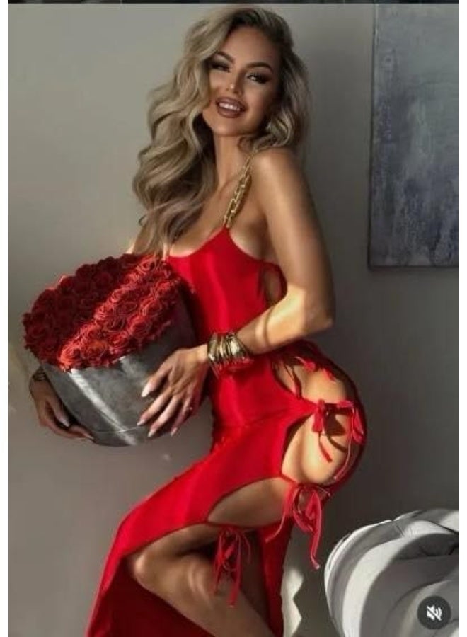 Hanady Women's Long Red Dress with Side Slits Decorated with Ties and Gold Metal Shoulder Strap Tight Fit Design One Size Hn 1102 - Image 2