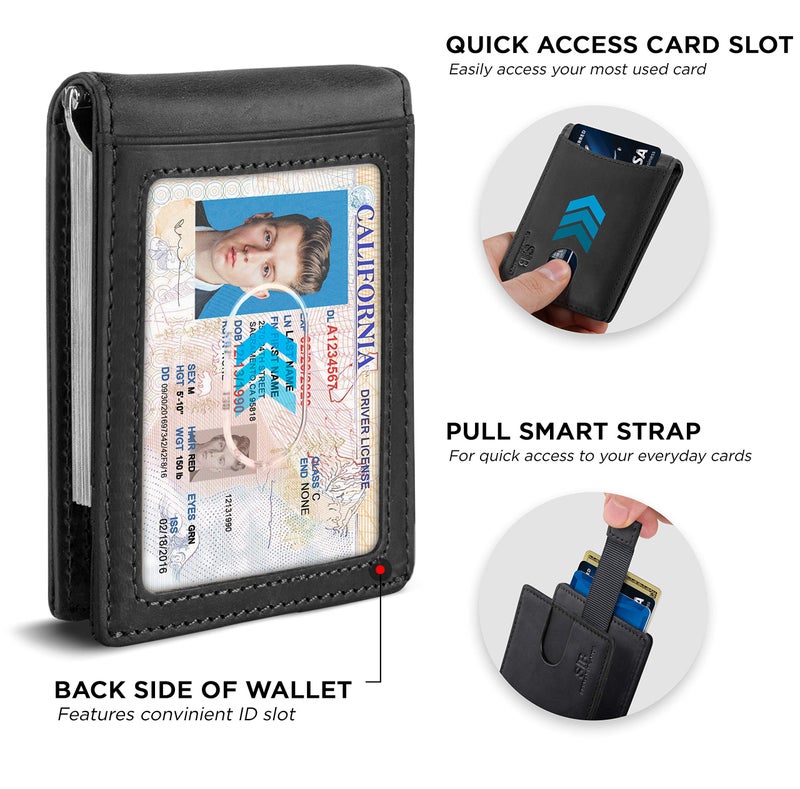 SERMAN BRANDS محفظة سِيرمان براندز RFID مضادة للتداخل نحيفة قابلة للطي من الجلد الأصلي للرجال مع مشبك نقود هدية رقيقة (أسود فحمي 1.S) - Image 4