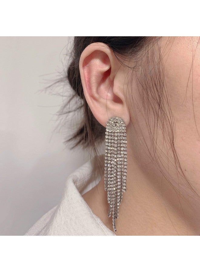 SELOVO Clear Austrian Crystal Chandelier Tassel Long Statement Dangle Earrings Drop Earrings Dangly Earrings Dangling Earrings For Women Silver Tone - Image 4
