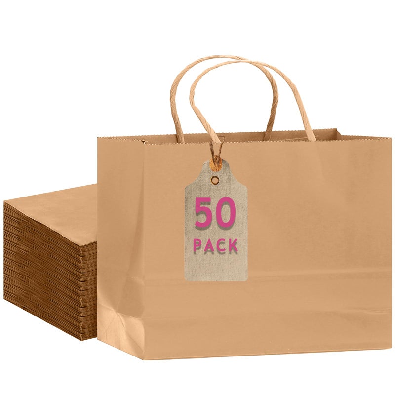 qiqee 50-Packs Brown Paper Gift Bags with Handles Bulk 12.6"x4.3"x10" Wide Large Size Party Favor Bags Multiple Uses - Image 1