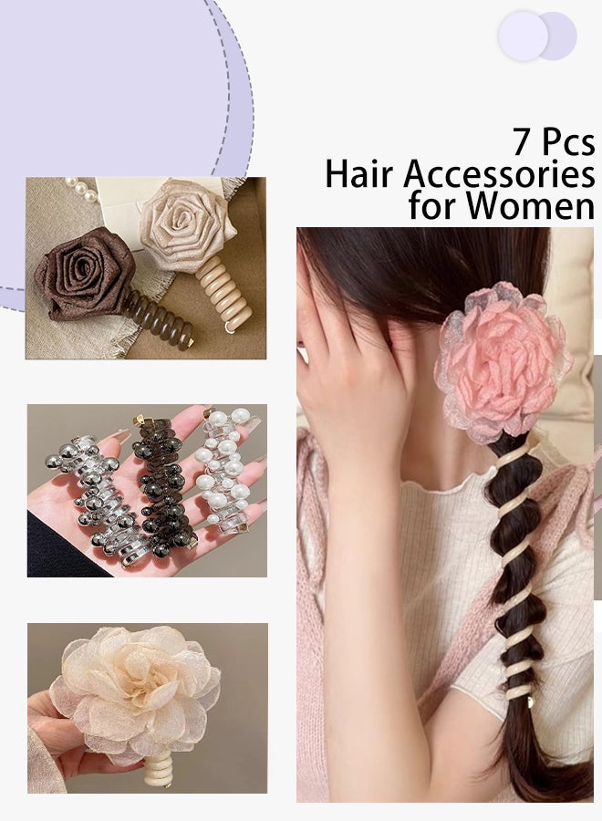 رويس 7 قطع من إكسسوارات الشعر للنساء، عصابة رأس مضفرة على شكل سلك هاتف على شكل زهرة وردية، ربطات شعر مضفرة حلزونية من اللؤلؤ، حامل ذيل حصان مرن للارتداء اليومي والحفلات وحفلات العطلات - Image 1