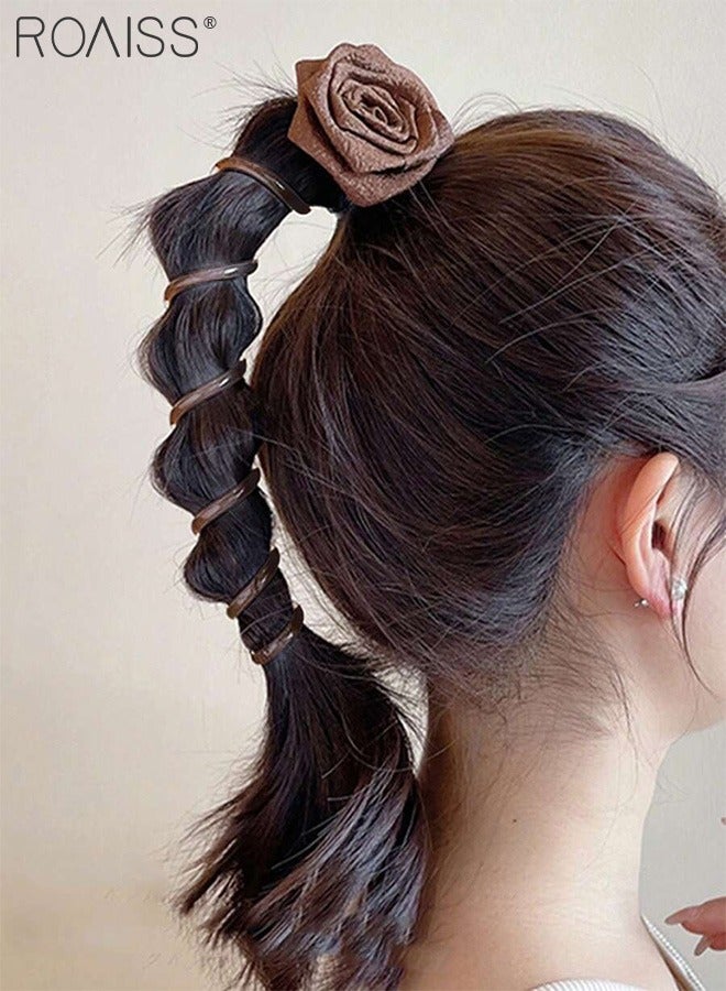 رويس 7 قطع من إكسسوارات الشعر للنساء، عصابة رأس مضفرة على شكل سلك هاتف على شكل زهرة وردية، ربطات شعر مضفرة حلزونية من اللؤلؤ، حامل ذيل حصان مرن للارتداء اليومي والحفلات وحفلات العطلات - Image 5