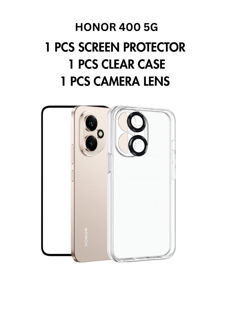 3 in 1 Pack for HONOR 400 5G ,1 Pc Camera Lens Protector ,1Pc Screen Protector Glass, 1 Pc Ultra Clear Case - Image 1