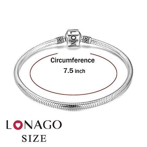 LONAGO سوار تشارم أصلي من لوناكو 925 فضة استرلينية سلسلة ثعبان بغل قفل برميل مجوهرات تناسب تشارم الثعبان هدية عيد ميلاد للنساء (7.5 بوصة/19 سم) - Image 2