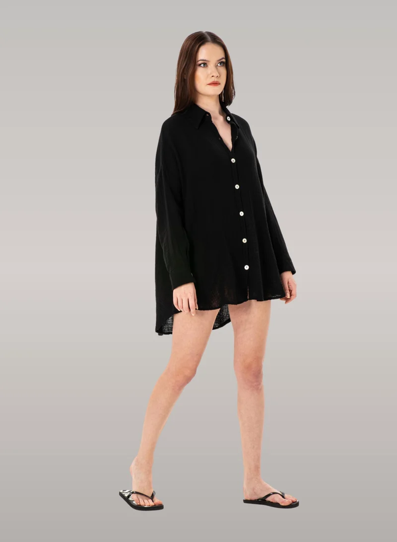 Just Nature Black Relaxed Fit Shirt with Perlamutr Buttons for Women | Best Price UAE