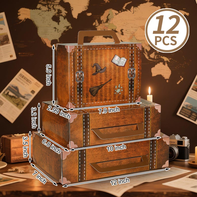 Weekgrat 12 Pcs Magic Theme Party Decorations Paperboard Suitcases Box Table Centerpieces 3 Size Vintage Luggage Stackable Trunk for Magical Birthday Party Baby Shower Entrance Photo Booth Supplies - Image 2