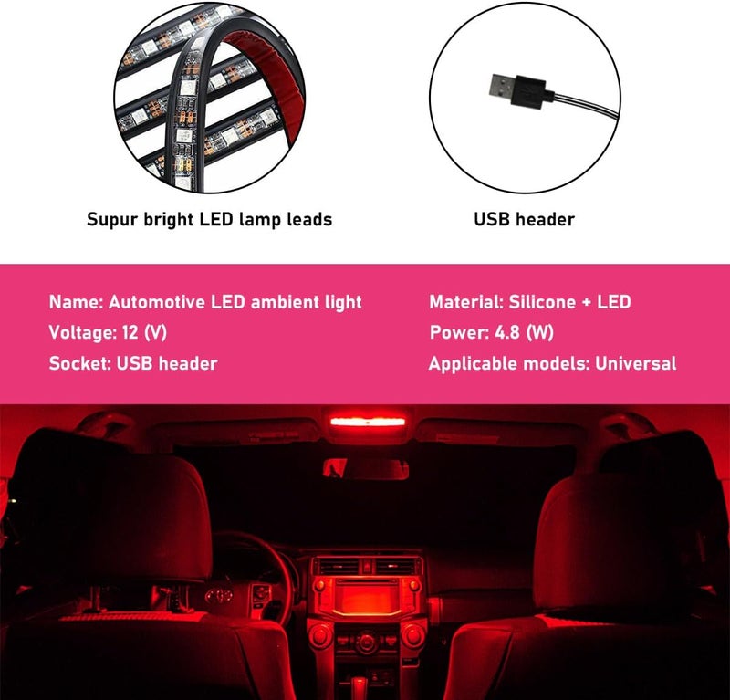 Sylvil شريط إضاءة LED للسيارة، 24 مصباح LED بتقنية RGB Neon لتحسين الأجواء الداخلية للسيارة، إضاءة ليلية بجهد 12 فولت تحت لوحة القيادة، مصباح زينة داخلي للسيارة يعمل عبر منفذ USB، إكسسوارات سيارة عالمية (اللون الأحمر) - Image 3