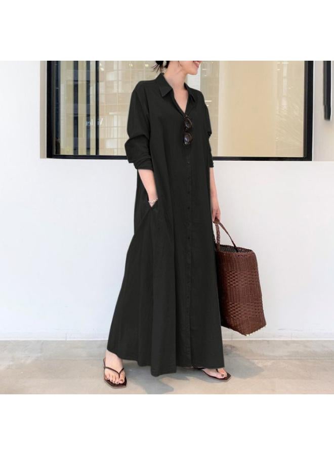 Large Size Women's New Muslim Spring And Autumn Long Sleeve Simple Loose Casual Long Lapel Shirt Dress