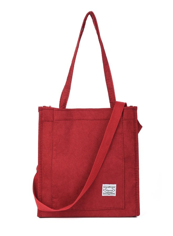 Valleycomfy Vintage Casual Corduroy Tote Bags Women Hobo Crossbody Bag Purse for Women Travel Shoulder Bags Handbags Eco Bag, Dark Red, Large - Image 1