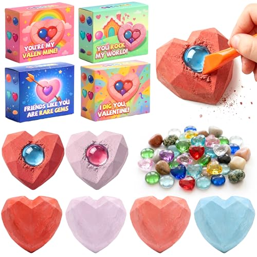 Gocozer Valentines Day Cards for Kids School 28 Pack Gemstone Dig Kit Heart Dig Blocks With Tools Valentines Greeting Cards Classroom Exchange Valentines Gifts Bulk Set for School Valentines Party - Image 1