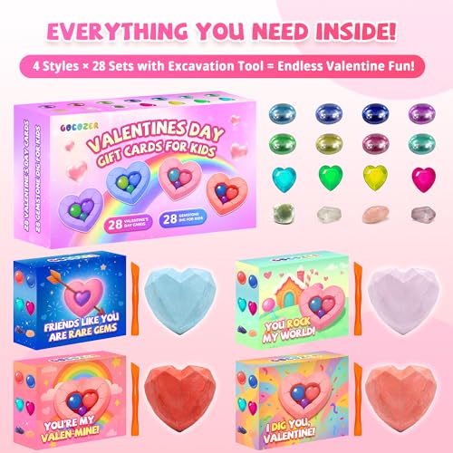 Gocozer Valentines Day Cards for Kids School 28 Pack Gemstone Dig Kit Heart Dig Blocks With Tools Valentines Greeting Cards Classroom Exchange Valentines Gifts Bulk Set for School Valentines Party - Image 5