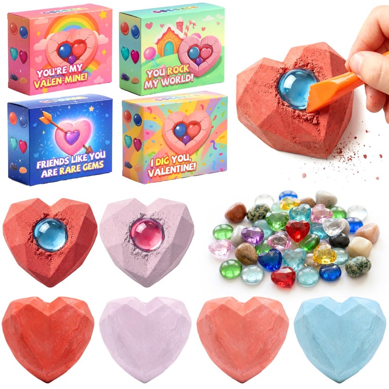 Gocozer Valentines Day Cards for Kids School 28 Pack Gemstone Dig Kit Heart Dig Blocks With Tools Valentines Greeting Cards Classroom Exchange Valentines Gifts Bulk Set for School Valentines Party - Image 3