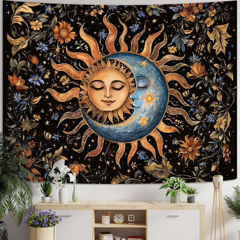 Aipon Sun and Moon Tapestry for Bedroom Boho Vintage Floral Hippie Wall Tapestry Aesthetic Retro Flower Plant Small Tapestries Wall Hanging for Living Room Dorm Decor 48 x 36 Inch - Image 2