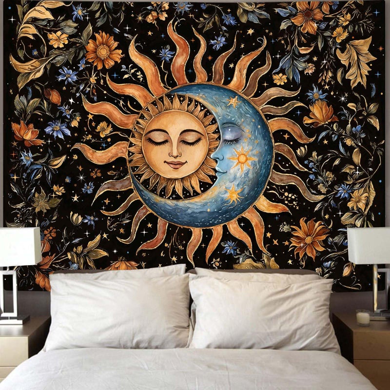 Aipon Sun and Moon Tapestry for Bedroom Boho Vintage Floral Hippie Wall Tapestry Aesthetic Retro Flower Plant Small Tapestries Wall Hanging for Living Room Dorm Decor 48 x 36 Inch - Image 3