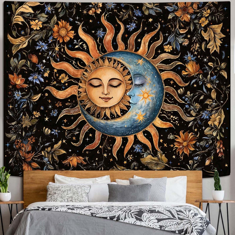Aipon Sun and Moon Tapestry for Bedroom Boho Vintage Floral Hippie Wall Tapestry Aesthetic Retro Flower Plant Small Tapestries Wall Hanging for Living Room Dorm Decor 48 x 36 Inch - Image 5