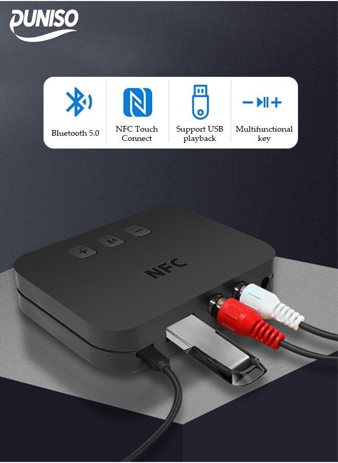 DUNISO Bluetooth Receiver,Bluetooth 5.0 Car Adapter,Audio Receiver,Supports NFC Connection and USB Playback,Apply to Mobile，Pad，TV，Audio，Headset，Speaker,9.1*5.8*1.8cm  - Image 1