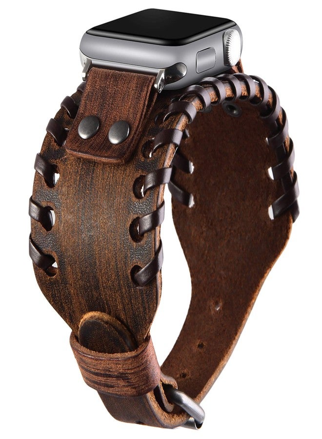 VIQIV Wide Cuff Bracelet Leather Band Compatible with Apple Watch 42mm 44mm Sports Watches for Men Women, Unisex Retro Replacement Wrist Strap for iWatch Series SE 6/5/4/3/2/1, Brown - Image 1