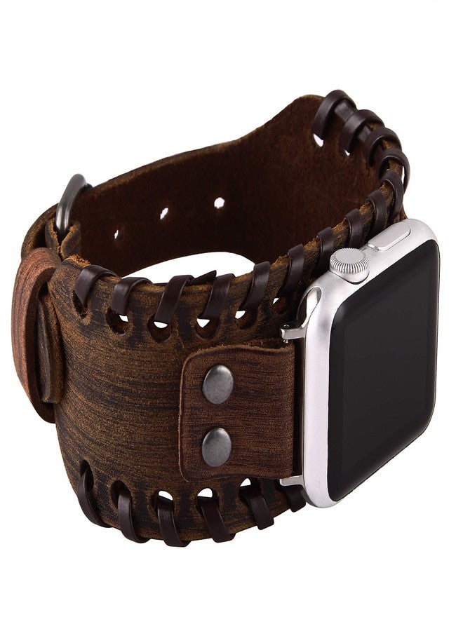 VIQIV Wide Cuff Bracelet Leather Band Compatible with Apple Watch 42mm 44mm Sports Watches for Men Women, Unisex Retro Replacement Wrist Strap for iWatch Series SE 6/5/4/3/2/1, Brown - Image 3
