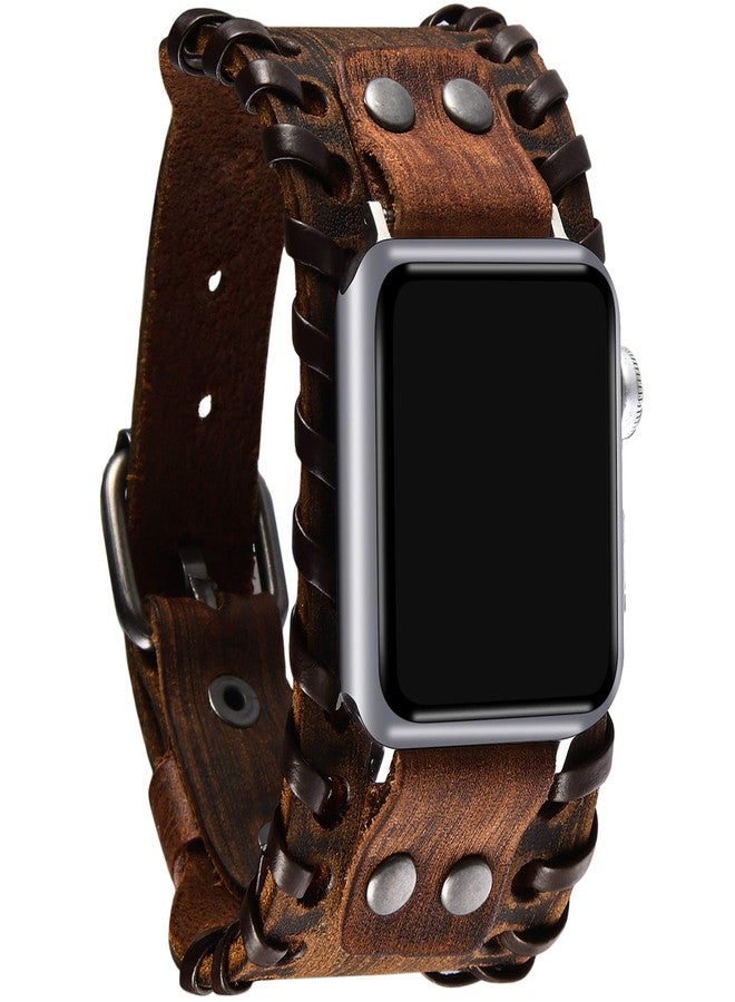 VIQIV Wide Cuff Bracelet Leather Band Compatible with Apple Watch 42mm 44mm Sports Watches for Men Women, Unisex Retro Replacement Wrist Strap for iWatch Series SE 6/5/4/3/2/1, Brown - Image 2