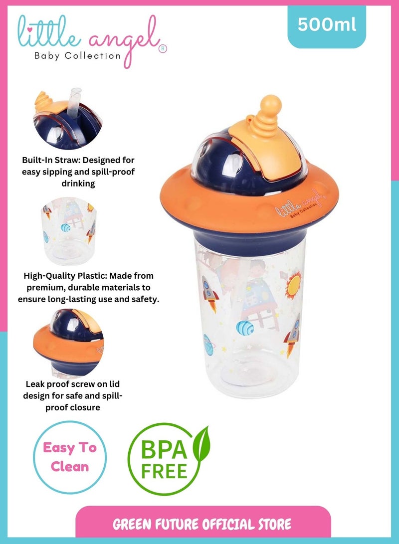 Little Angel Kids Water Bottle, High Quality 500ml - Leak-Proof with Straw and Strap, Portable and Durable Design for Toddlers & Young Children - Cute Space Design- Orange - Image 2