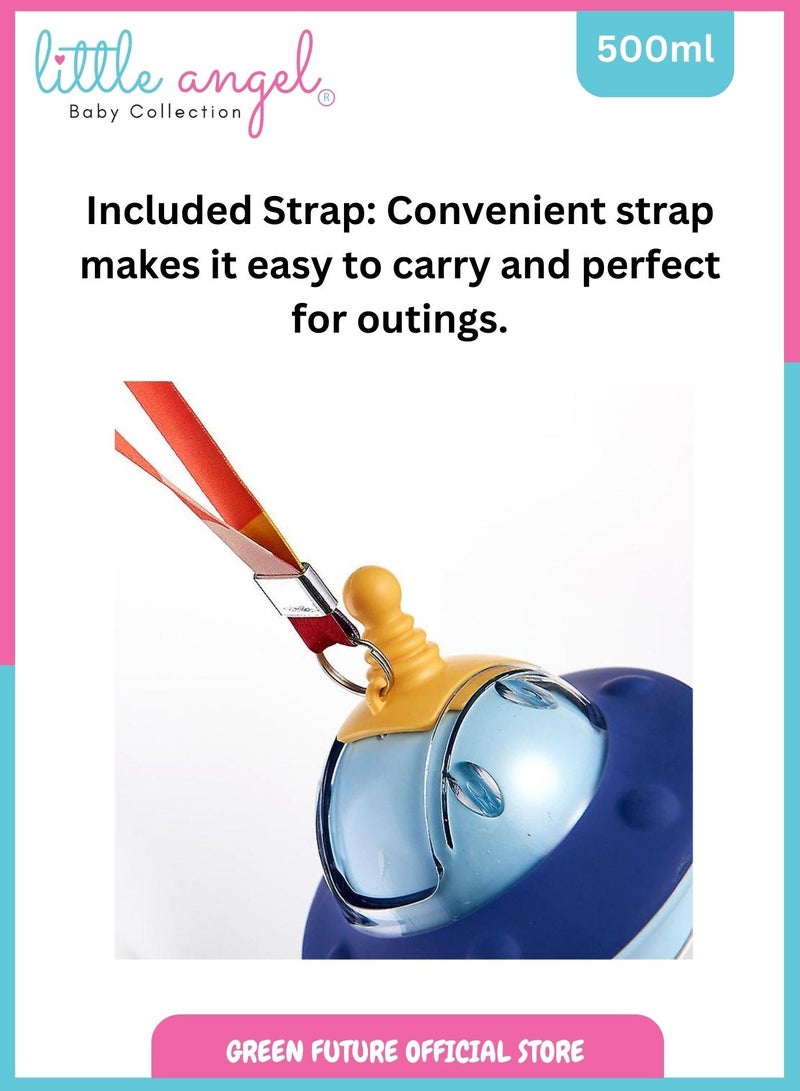 Little Angel Kids Water Bottle, High Quality 500ml - Leak-Proof with Straw and Strap, Portable and Durable Design for Toddlers & Young Children - Cute Space Design- Orange - Image 4