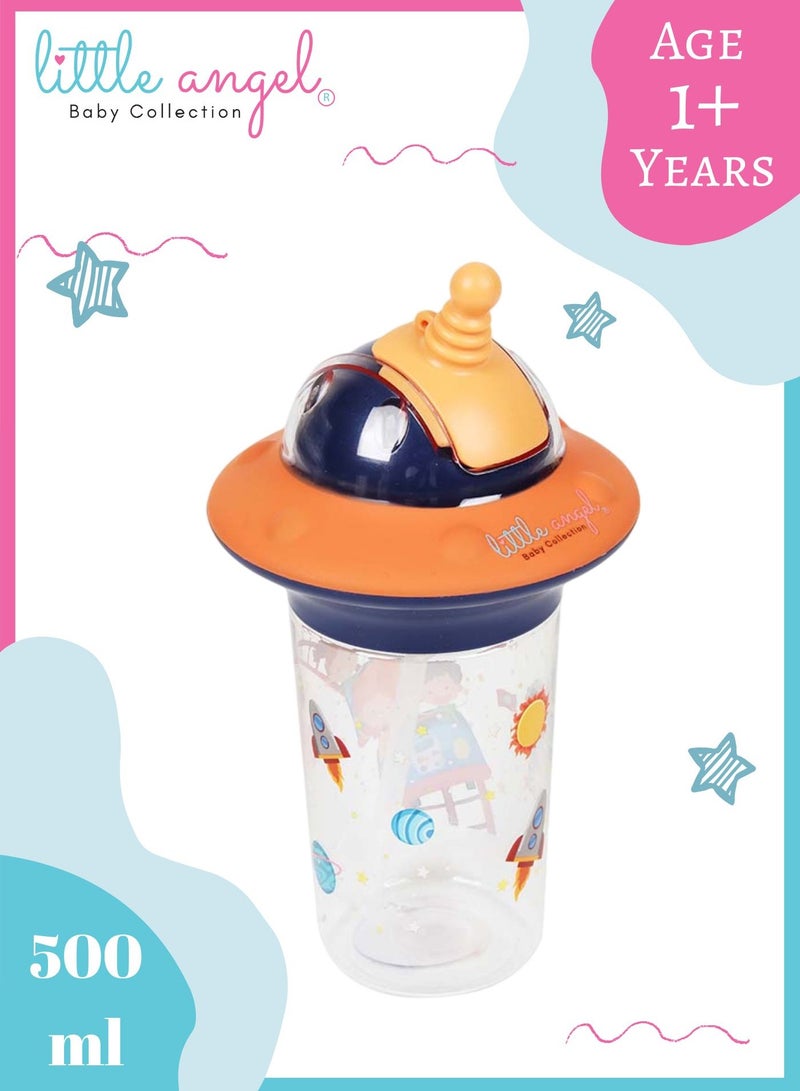 Little Angel Kids Water Bottle, High Quality 500ml - Leak-Proof with Straw and Strap, Portable and Durable Design for Toddlers & Young Children - Cute Space Design- Orange - Image 1