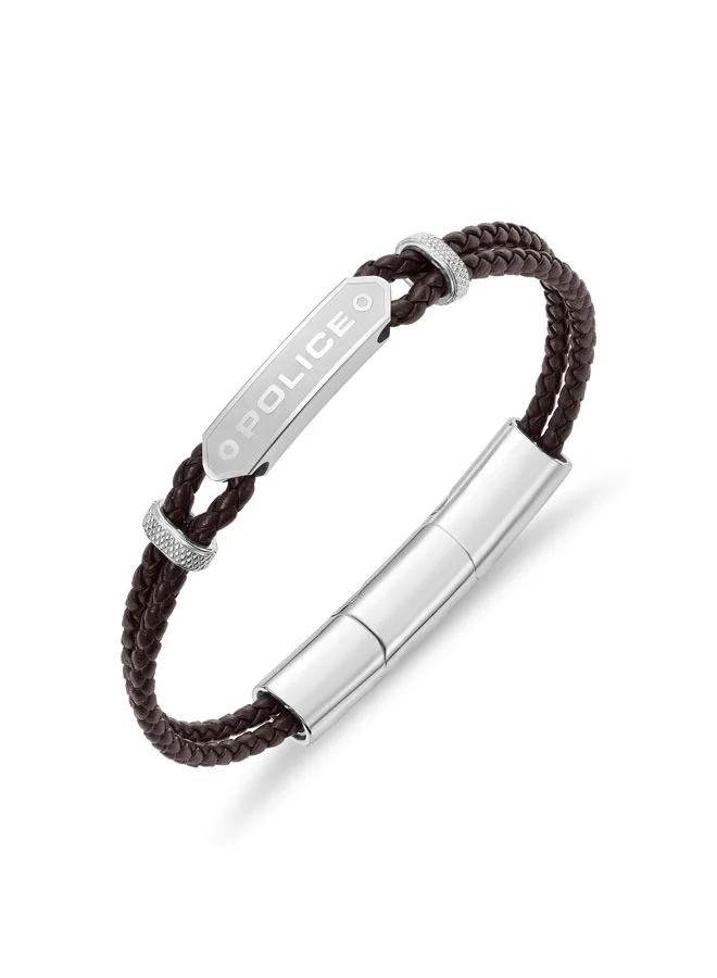 بوليس POLICE Twincord Bracelet - Double Row Brown Leather with Stainless Steel Rings & Central Screwed Plaque - Rugged & Sophisticated Men's Style