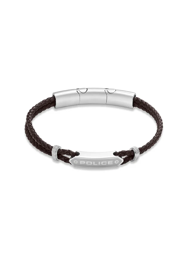 بوليس POLICE Twincord Bracelet - Double Row Brown Leather with Stainless Steel Rings & Central Screwed Plaque - Rugged & Sophisticated Men's Style