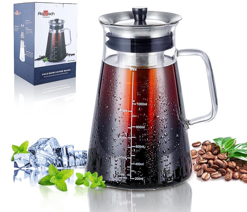 Aquach Aquach 34 Oz Cold Brew Coffee  Iced Tea Maker  Airtight Lid Dishwasher Safe Borosilicate Glass Caraf 