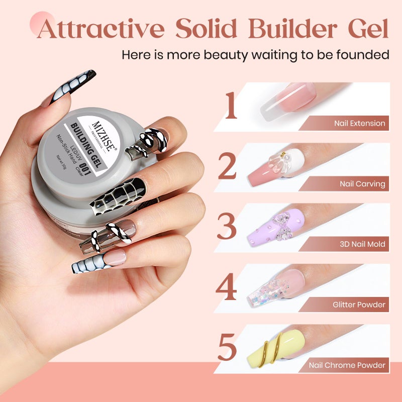 MIZHSE Clear Solid Builder Gel For Nails, 30g Non-Sticky Nail Extension Hard Builder Gel, Nail Strengthen 3D Sculpting Nail Art for Carving Modeling Soak Off Manicure Home - Image 2