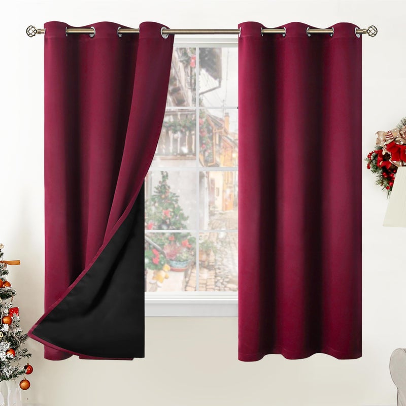 BGment Thermal Insulated 100 Blackout Curtains for Bedroom with Black Liner Double Layer Full Room Darkening Noise Reducing Grommet Curtain 42 x 63 Inch Burgundy Red 2 Panels