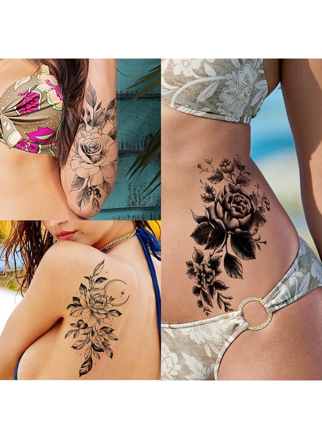 VANTATY 8 Sheets Petal 3D Black Flower Rose Temporary Tattoos For Women Waterproof Fake Body Art Arm Sketch Tattoo Stickers For Girls Shoulder Arm Leaf Tatoo Adults Beauty - Image 4