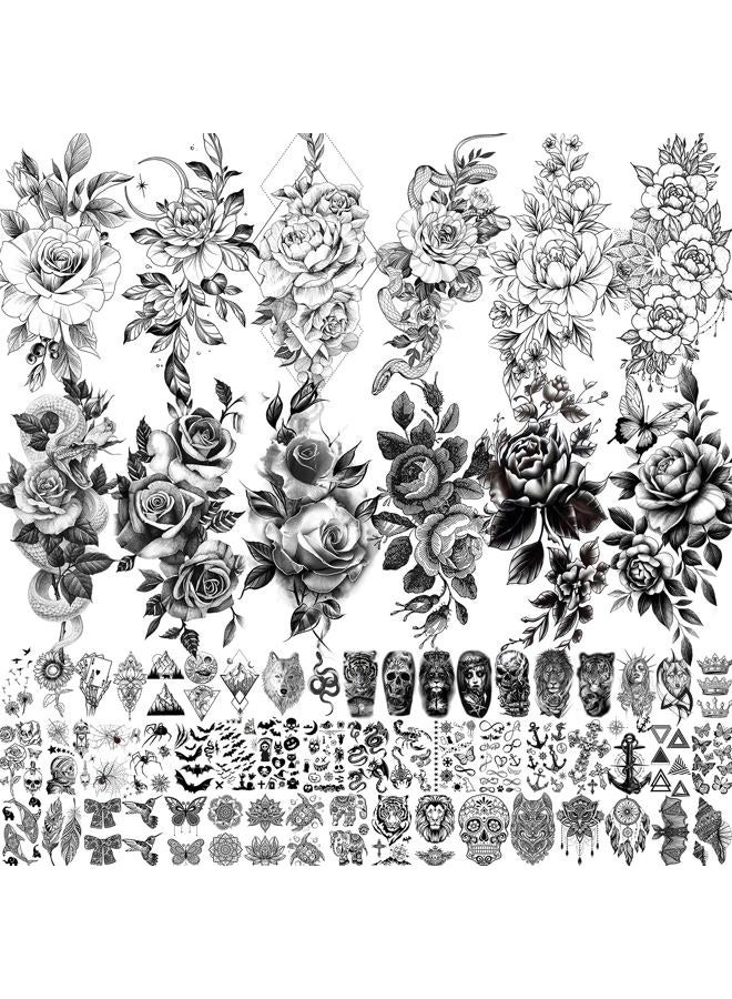 VANTATY 8 Sheets Petal 3D Black Flower Rose Temporary Tattoos For Women Waterproof Fake Body Art Arm Sketch Tattoo Stickers For Girls Shoulder Arm Leaf Tatoo Adults Beauty - Image 1
