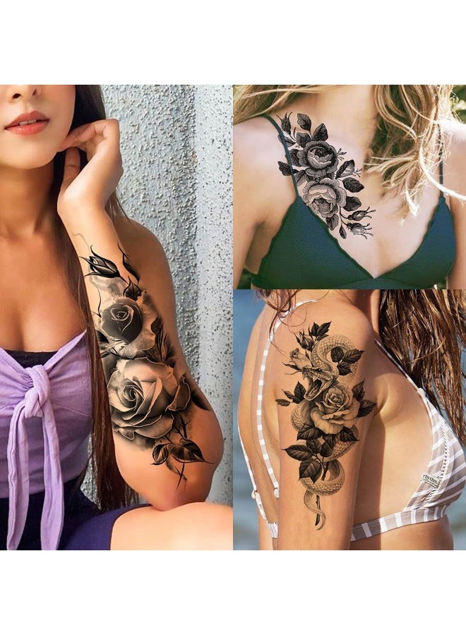VANTATY 8 Sheets Petal 3D Black Flower Rose Temporary Tattoos For Women Waterproof Fake Body Art Arm Sketch Tattoo Stickers For Girls Shoulder Arm Leaf Tatoo Adults Beauty - Image 2
