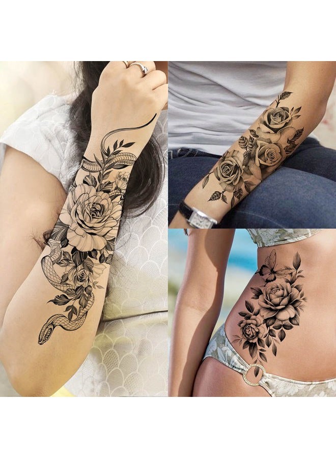 VANTATY 8 Sheets Petal 3D Black Flower Rose Temporary Tattoos For Women Waterproof Fake Body Art Arm Sketch Tattoo Stickers For Girls Shoulder Arm Leaf Tatoo Adults Beauty - Image 3