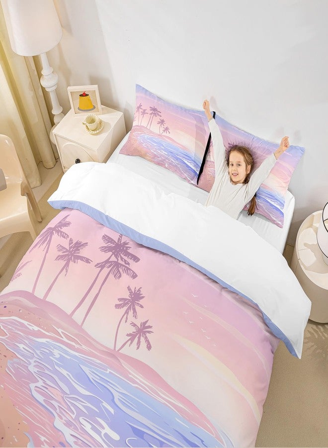Homewish Pink Beach Duvet Cover Set Twin Size,Kids Girls Romantic Hawaii Ocean Style Bedding Set Teens Lover Room Decor,Palm Tree Comforter Cover Girly Summer Quilt Cover,1 Pillowcase,(No Comforter) - Image 4