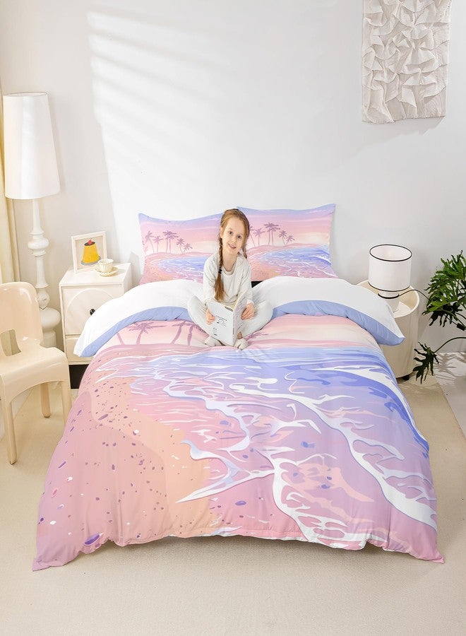 Homewish Pink Beach Duvet Cover Set Twin Size,Kids Girls Romantic Hawaii Ocean Style Bedding Set Teens Lover Room Decor,Palm Tree Comforter Cover Girly Summer Quilt Cover,1 Pillowcase,(No Comforter) - Image 3