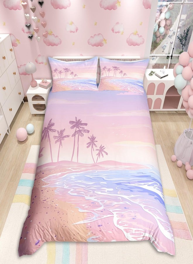 Homewish Pink Beach Duvet Cover Set Twin Size,Kids Girls Romantic Hawaii Ocean Style Bedding Set Teens Lover Room Decor,Palm Tree Comforter Cover Girly Summer Quilt Cover,1 Pillowcase,(No Comforter) - Image 1