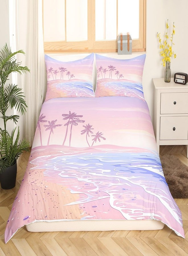 Homewish Pink Beach Duvet Cover Set Twin Size,Kids Girls Romantic Hawaii Ocean Style Bedding Set Teens Lover Room Decor,Palm Tree Comforter Cover Girly Summer Quilt Cover,1 Pillowcase,(No Comforter) - Image 2