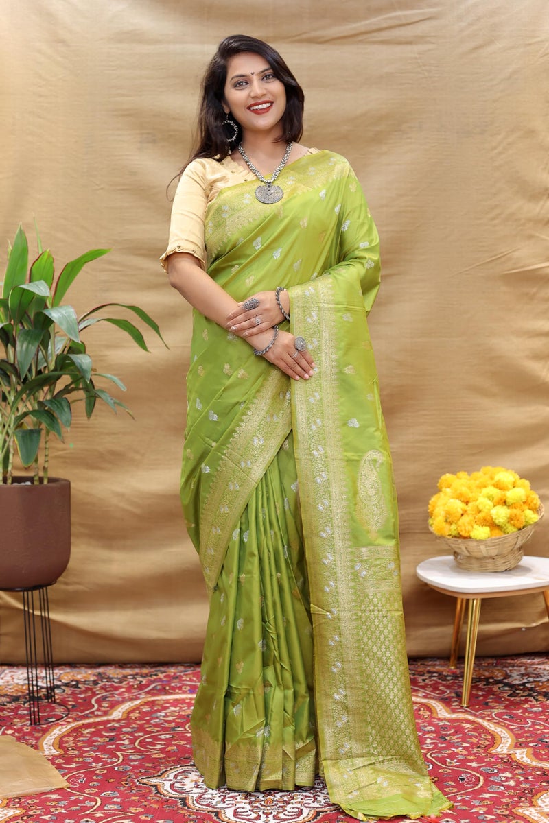 AMIRAT Women's Pure Kanjivaram Soft Silk Saree Banarasi Type With Blouse Piece (Parrot Green) - Image 2