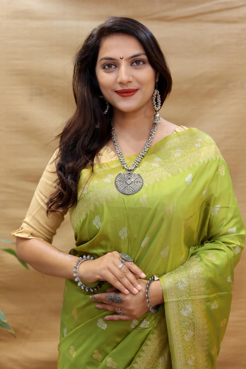 AMIRAT Women's Pure Kanjivaram Soft Silk Saree Banarasi Type With Blouse Piece (Parrot Green) - Image 3